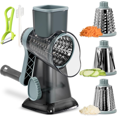 ERGONOW  Rotary Cheese Grater With 3 Blades, Handheld Vegetable Slicer & Chopper for Cheese, Nuts, And Veggies, Blue