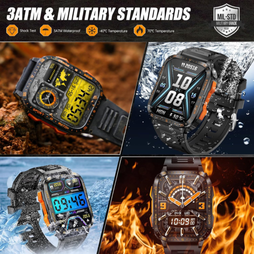 Military Smart Watch for Men with LED Flashlight/UV Light 3ATM Waterproof 1.96" Big Screen Rugged Tactical Smartwatch Fitness Tracker with