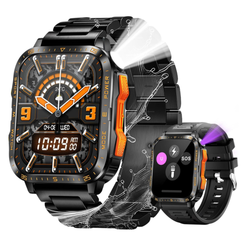Military Smart Watch for Men with LED Flashlight/UV Light 3ATM Waterproof 1.96" Big Screen Rugged Tactical Smartwatch Fitness Tracker with