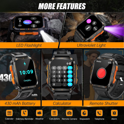 Military Smart Watch for Men with LED Flashlight/UV Light 3ATM Waterproof 1.96" Big Screen Rugged Tactical Smartwatch Fitness Tracker with