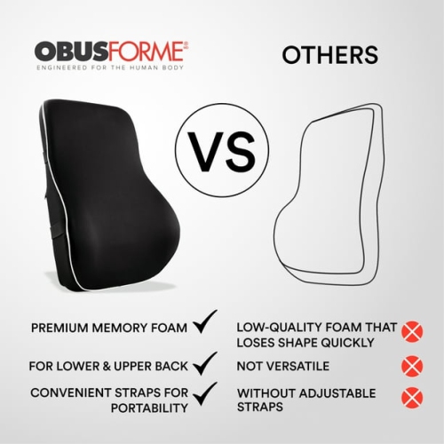 ObusForme Lumbar Support Memory Foam Back Rest with Dual Adjustable Straps – Ergonomic Cushion for Office Chair, Home Seating, Gaming Chair