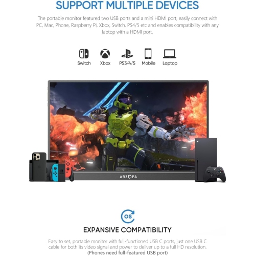 ARZOPA Portable Monitor 15.6'' FHD 1080P Kickstand Portable Laptop Monitor IPS Computer External Screen USB C HDMI Display for PC MAC Phone Xbox PS5