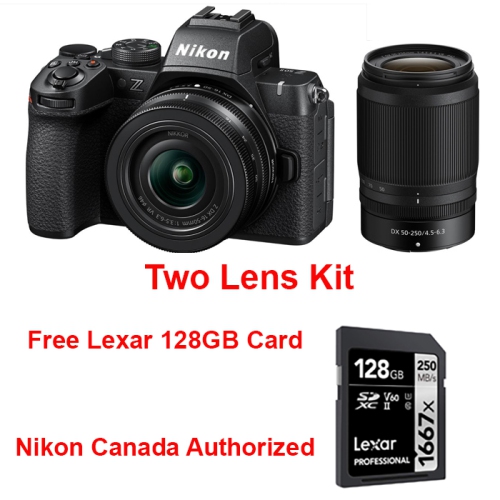 Appareil photo Z50 II de Nikon avec objectifs Z 16-50&nbsp;mm et 50-250&nbsp;mm. Autorisé par Nikon Canada
