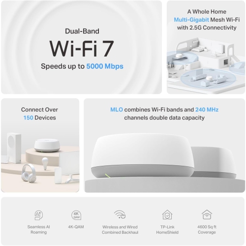 TP-Link Deco BE5000 Dual-Band WiFi 7 Mesh System – Supports 150+ Devices, 5GHz/2.4GHz, 2.5Gbps Ports, MLO, 4K-QAM, HomeShield Security, Universal