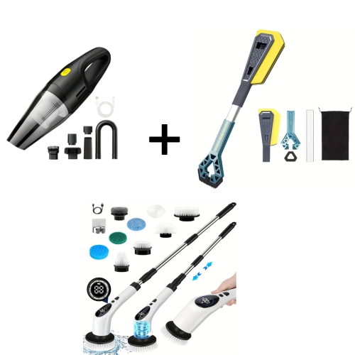 Image 1 de 3.. Aspirateur à main 3-en-1, nettoyeur pour l'auto et récurer électrique – aspiration puissante, brosse à neige, grattoir à glace et récurage de salle