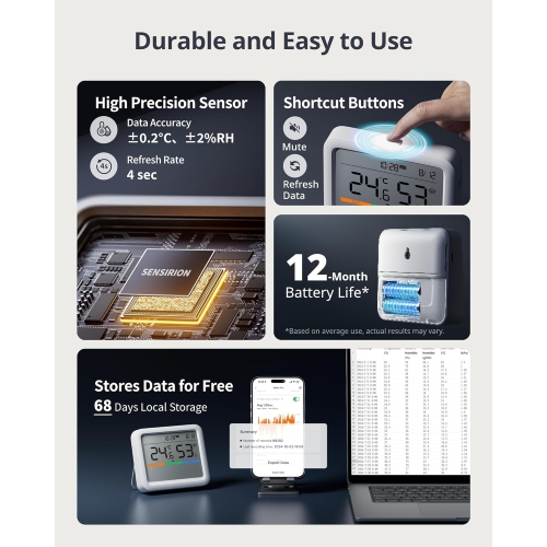 Thermomètre et hygromètre Pro de SwitchBot | Capteur d'humidité et de température intérieur Bluetooth avec commande par application, grand écran LCD,