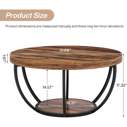 Tribesigns 31.7" Round Coffee Table, Industrial 2-Tier Circle Coffee Table with Storage Shelves