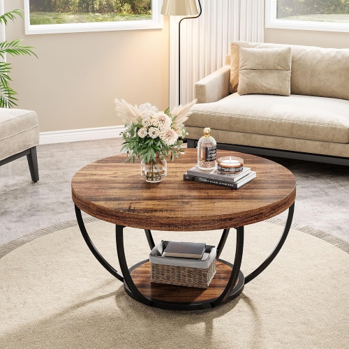 Tribesigns 31.7" Round Coffee Table, Industrial 2-Tier Circle Coffee Table with Storage Shelves