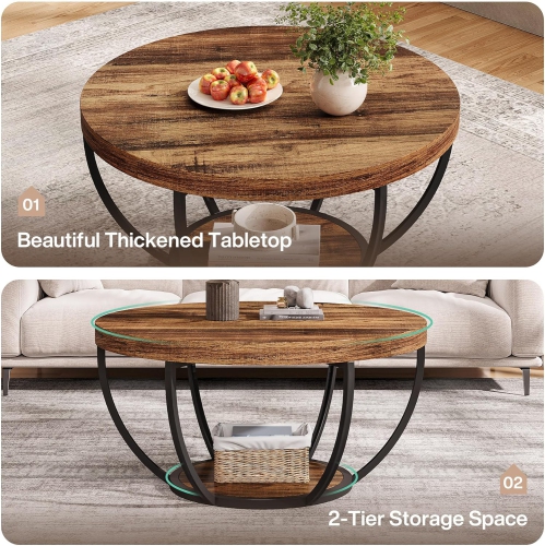 Tribesigns 31.7" Round Coffee Table, Industrial 2-Tier Circle Coffee Table with Storage Shelves
