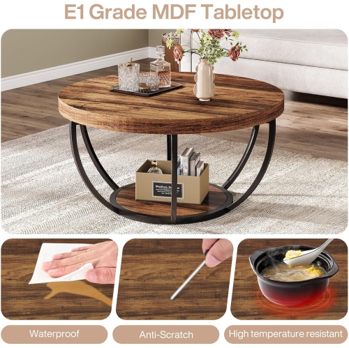 Tribesigns 31.7" Round Coffee Table, Industrial 2-Tier Circle Coffee Table with Storage Shelves