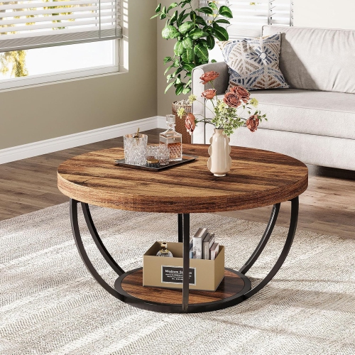 Tribesigns 31.7" Round Coffee Table, Industrial 2-Tier Circle Coffee Table with Storage Shelves