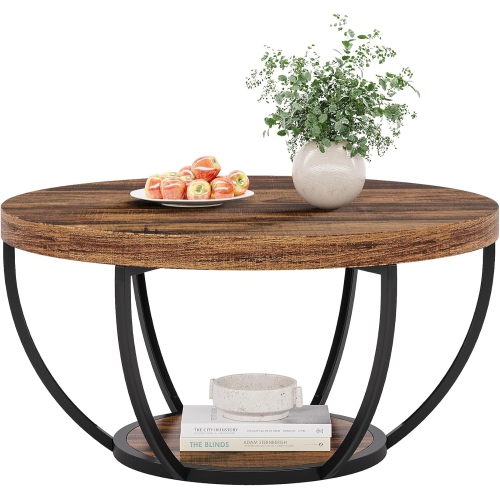Tribesigns 31.7" Round Coffee Table, Industrial 2-Tier Circle Coffee Table with Storage Shelves