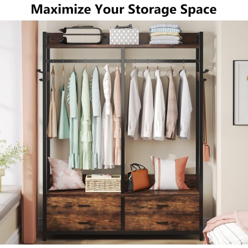 Tribesigns Freestanding Closet Organizer for Hanging Clothes, Heavy Duty Garment Rack with 4 Drawers, 8 Hooks and Storage Shelves