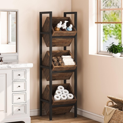 Tribesigns Basket Stand, 3 Tier Wood Snack Rack with Baskets, Rustic Vertical Standing Fruit Stand