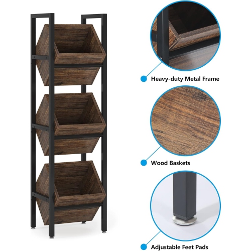 Tribesigns Basket Stand, 3 Tier Wood Snack Rack with Baskets, Rustic Vertical Standing Fruit Stand
