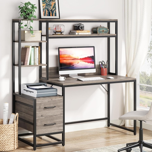 Tribesigns – Bureau d'ordinateur de 55&nbsp;po avec 2 tiroirs et tablettes de rangement, bureau blanc avec étagère