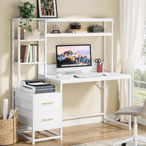 Tribesigns – Bureau d'ordinateur de 55&nbsp;po avec 2 tiroirs et tablettes de rangement, bureau blanc avec étagère