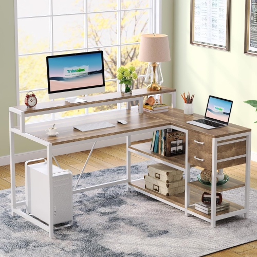 Tribesigns – Bureau en L avec tiroirs et support pour moniteur, bureau en coin en L avec tablettes de rangement