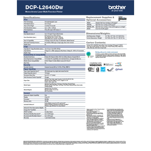 BROTHER MONOCHROME DCPL2460DW LASER MULTIFUNCTION PRINTER, WIRELESS+1 BOX OF 24# 100 BRIGHT LASER PAPER.