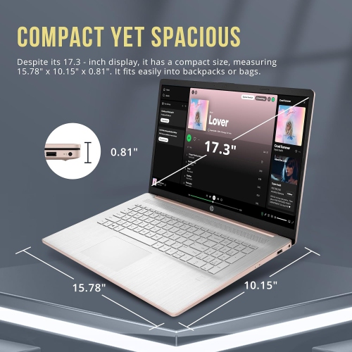 HP 17.3" HD+ BrightView Laptop, Intel Celeron N4120, 416GB Storage,4GB RAM, Intel UHD Graphics, Windows 11 Home, Rose Gold