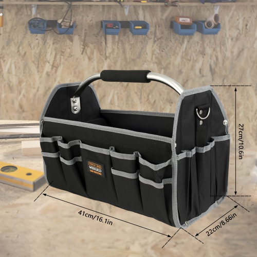 Open Top Tool Tote Bag for Electrician Carpenter with Handle and Shoulder Strap