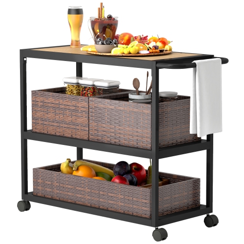 Outsunny Outdoor Bar Cart, 3-Tier Rolling Cart on Wheels, Patio Bar Table with Wood Effect Top, Removable Rattan Basket, Side Handle for Porch,