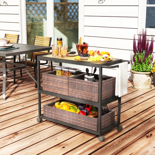 Outsunny Outdoor Bar Cart, 3-Tier Rolling Cart on Wheels, Patio Bar Table with Wood Effect Top, Removable Rattan Basket, Side Handle for Porch,