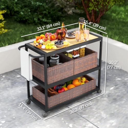 Outsunny Outdoor Bar Cart, 3-Tier Rolling Cart on Wheels, Patio Bar Table with Wood Effect Top, Removable Rattan Basket, Side Handle for Porch,