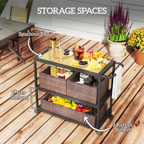 Outsunny Outdoor Bar Cart, 3-Tier Rolling Cart on Wheels, Patio Bar Table with Wood Effect Top, Removable Rattan Basket, Side Handle for Porch,