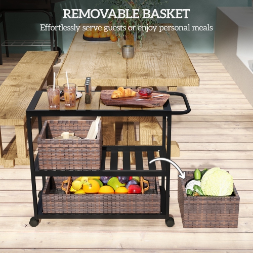 Outsunny Outdoor Bar Cart, 3-Tier Rolling Cart on Wheels, Patio Bar Table with Wood Effect Top, Removable Rattan Basket, Side Handle for Porch,