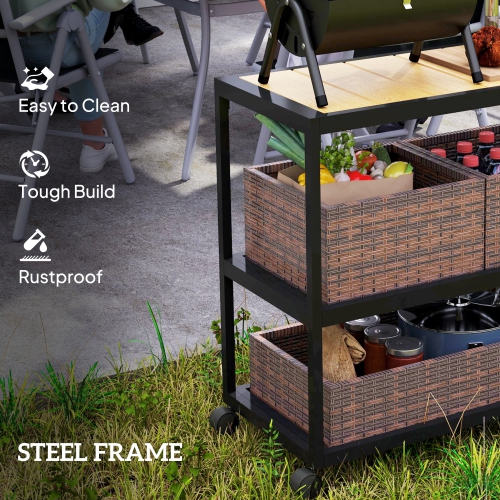 Outsunny Outdoor Bar Cart, 3-Tier Rolling Cart on Wheels, Patio Bar Table with Wood Effect Top, Removable Rattan Basket, Side Handle for Porch,