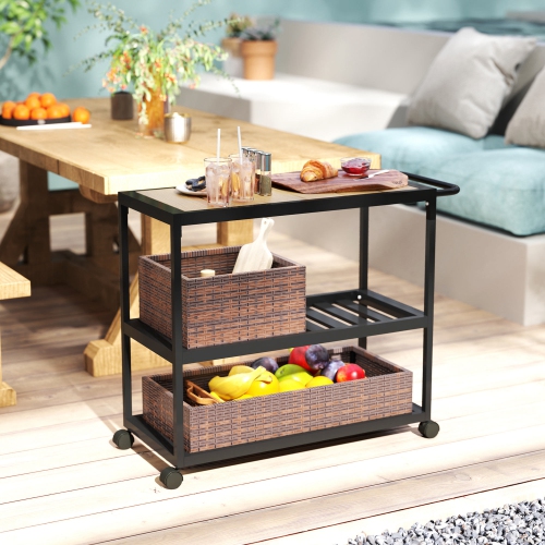 Outsunny Outdoor Bar Cart, 3-Tier Rolling Cart on Wheels, Patio Bar Table with Wood Effect Top, Removable Rattan Basket, Side Handle for Porch,