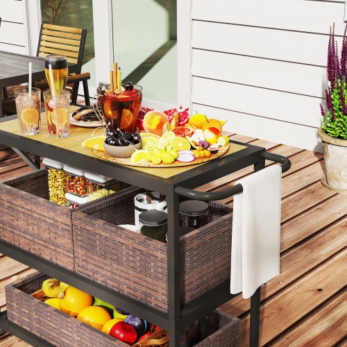 Outsunny Outdoor Bar Cart, 3-Tier Rolling Cart on Wheels, Patio Bar Table with Wood Effect Top, Removable Rattan Basket, Side Handle for Porch,