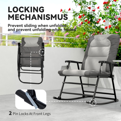 Outsunny 2pc Patio Foldable Rocking Chair Set w/ Soft Padded Seat, Backrest, and Headrest for park, backyard, garden, Light Grey