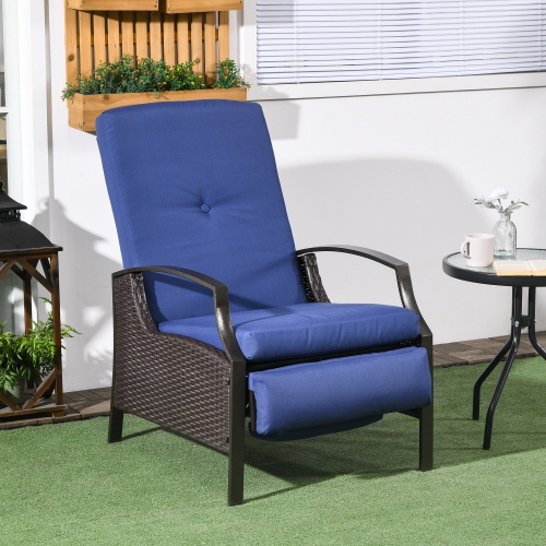 Outsunny PE Rattan Outdoor Recliner Chair, Wicker Patio Lounge Chair with Adjustable Backrest, Retractable Footrest and Cushion, Dark Blue