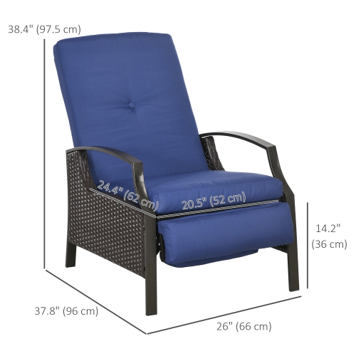 Outsunny PE Rattan Outdoor Recliner Chair, Wicker Patio Lounge Chair with Adjustable Backrest, Retractable Footrest and Cushion, Dark Blue