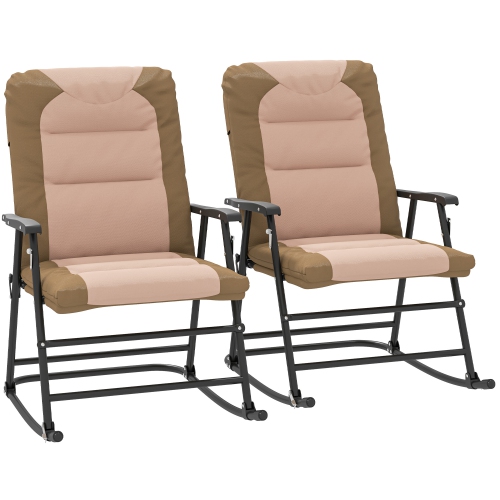Outsunny 2pc Patio Foldable Rocking Chair Set w/ Soft Padded Seat, Backrest, and Headrest for park, backyard, garden, Light Brown