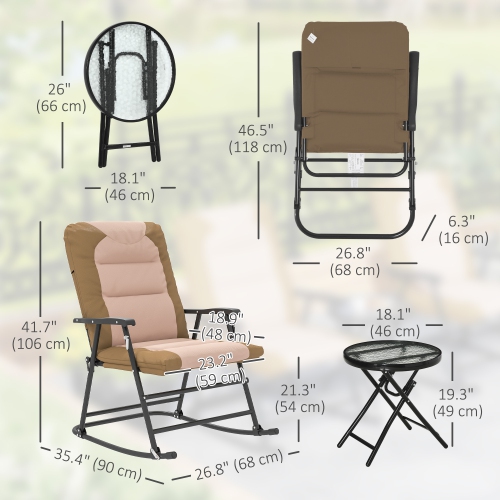 Outsunny 3pc Patio Foldable Rocking Chair Set, Outdoor Rocking Chairs and Table Bistro Set w/ Padded Seat, Headrest, Backrest for Park, Backyard,