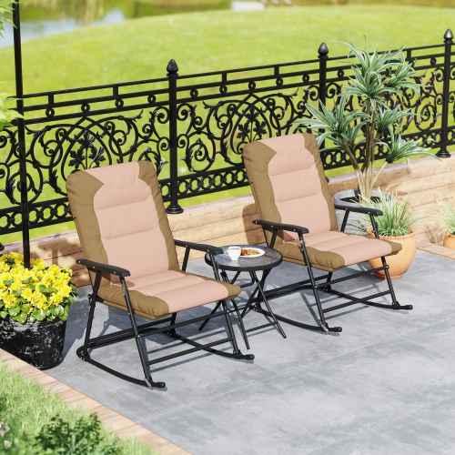 Outsunny 3pc Patio Foldable Rocking Chair Set, Outdoor Rocking Chairs and Table Bistro Set w/ Padded Seat, Headrest, Backrest for Park, Backyard,