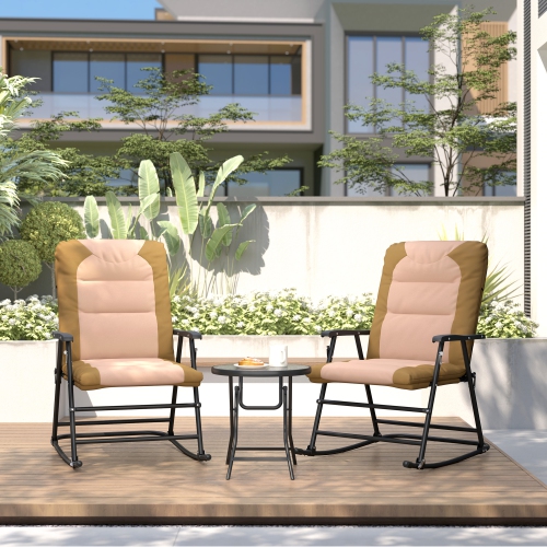 Outsunny 3pc Patio Foldable Rocking Chair Set, Outdoor Rocking Chairs and Table Bistro Set w/ Padded Seat, Headrest, Backrest for Park, Backyard,