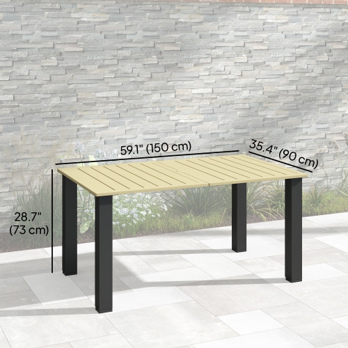 Outsunny 59" Outdoor Dining Table with Umbrella Hole for 6 People, Rectangle Patio Table with Slatted Metal Tabletop, Steel Frame for Backyard Garden