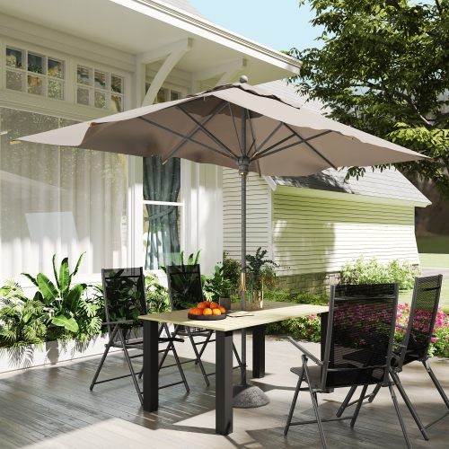 Outsunny 59" Outdoor Dining Table with Umbrella Hole for 6 People, Rectangle Patio Table with Slatted Metal Tabletop, Steel Frame for Backyard Garden