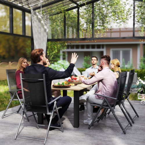 Outsunny 59" Outdoor Dining Table with Umbrella Hole for 6 People, Rectangle Patio Table with Slatted Metal Tabletop, Steel Frame for Backyard Garden