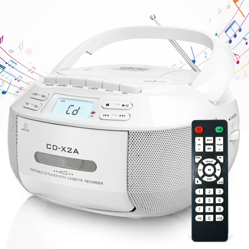 Portable CD Player Cassette AM FM Radio Bluetooth Speakers AUX USB MP3 Plays with Remote Control Support AC/DC Powered