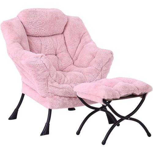 SESHINELL Lazy Chair with Ottoman – Modern Lounge Chair with Armrests & Folding Footstool, Plush Pink.