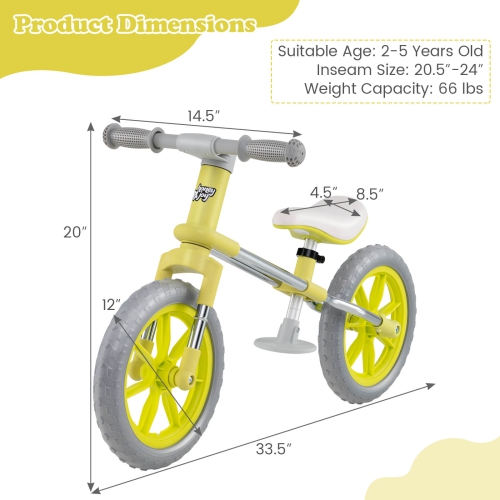 Honeyjoy 12" Balance Bike 2 Wheels Children's Bicycle with Adjustable Seat White/Green