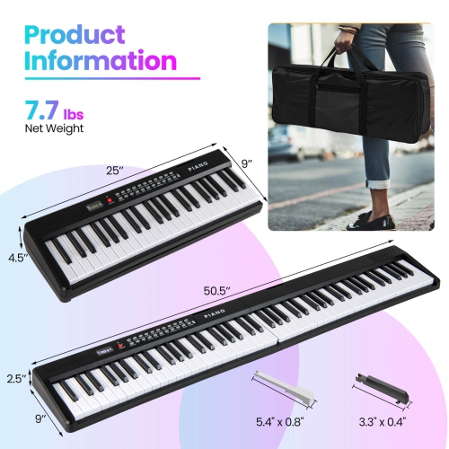 Clavier de piano pliable à 88 touches avec deux haut-parleurs MIDI sans fil de Costway, 1000 tons noir/rose/blanc