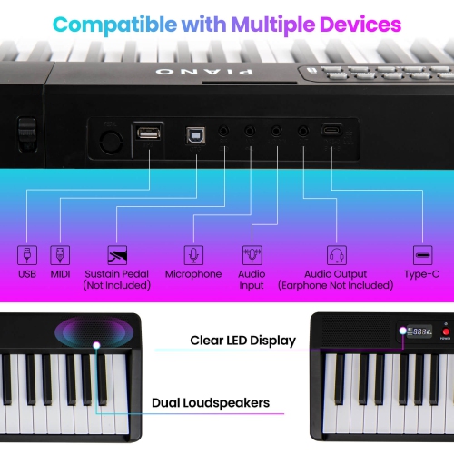 Clavier de piano pliable à 88 touches avec deux haut-parleurs MIDI sans fil de Costway, 1000 tons noir/rose/blanc