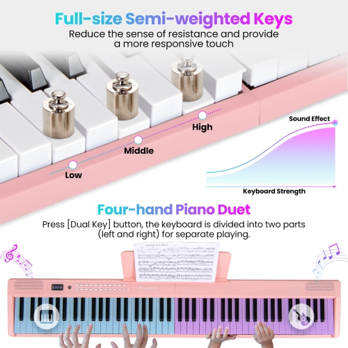 Clavier de piano pliable à 88 touches avec deux haut-parleurs MIDI sans fil de Costway, 1000 tons noir/rose/blanc