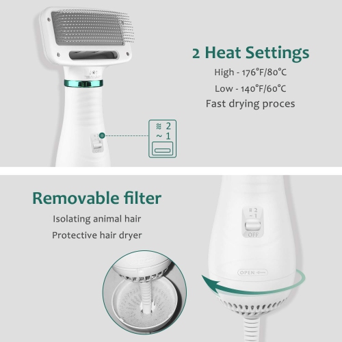 Pet Hair Dryer, 2 in 1 Portable Home Pet Hair Dryer with Slicker Brush and Fur Remover, Pet Grooming for Small Large Dogs and Cats